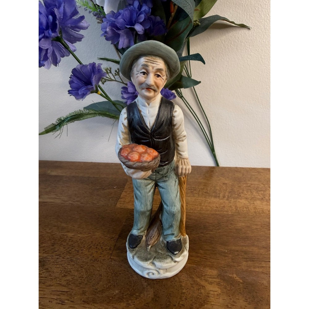 Vintage Porcelain Old Man Figurine Bread Basket Cane Country Farm Decor